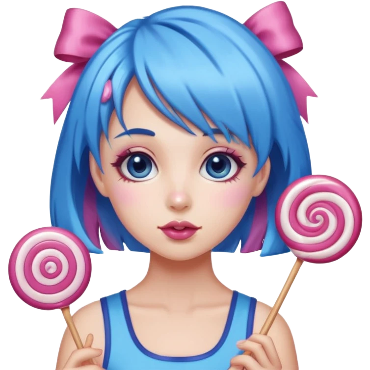 candy girl from candyland blue pink mixed candy hair with ribbon and  emoji