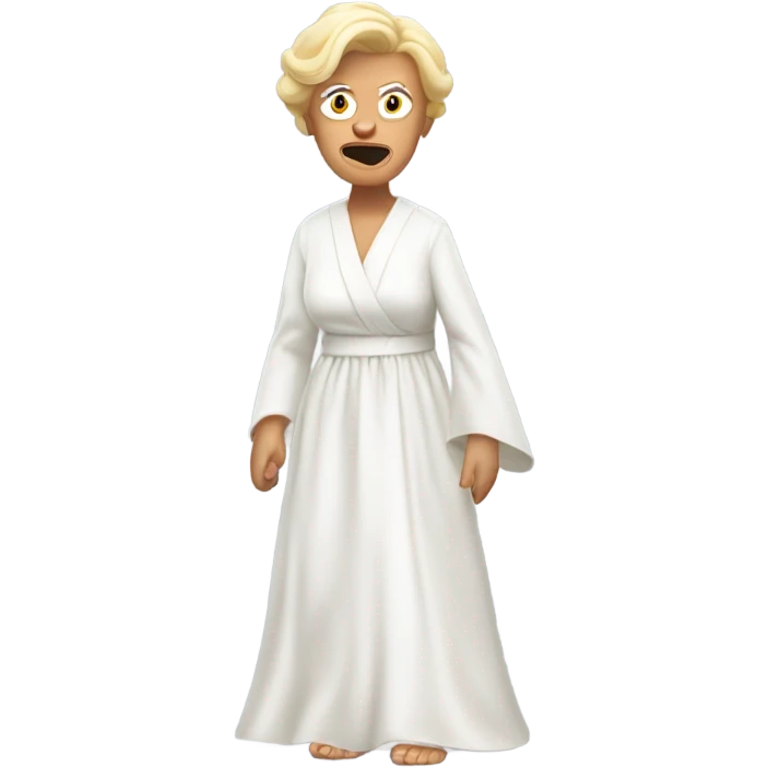angry blonde granny in a white robe chasing a ginger boy in a wedding dress  emoji