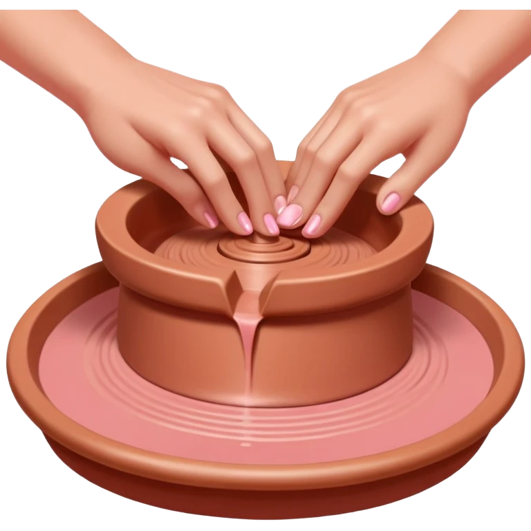 thumbs pressing downward into the center of pink clay to open it on a spinning pottery wheel emoji