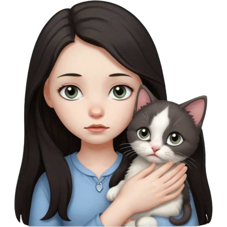 Девушка с тёмными длинными волосами сидит грустная с котёнком в руках emoji