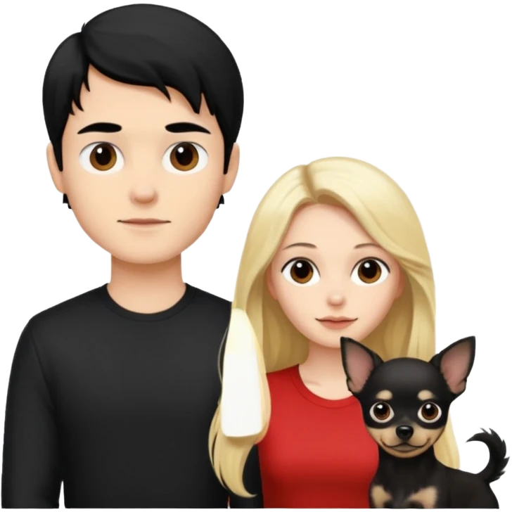  Pareja Chico pelo largo rubio. Chica pelo negro y chihuahua negro  emoji