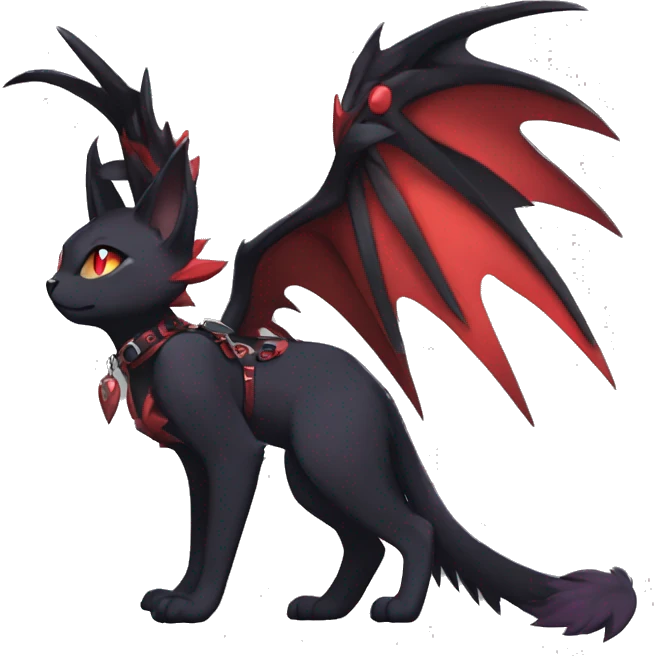 Kawaii cool anthro edgy black red ethereal fantasy nargacuga-noivern-cat-Fakemon collar harness full body emoji