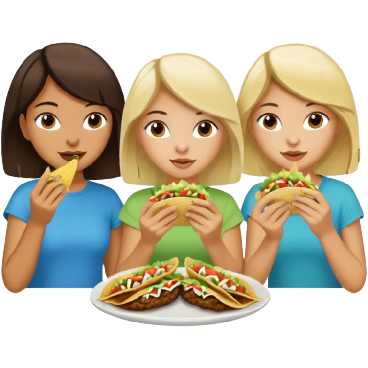 Make 3 girls eating tacos. Caucasian with dark brown short hair, Tan skin with shoulder length dark hair, Light skin with long blonde hair emoji
