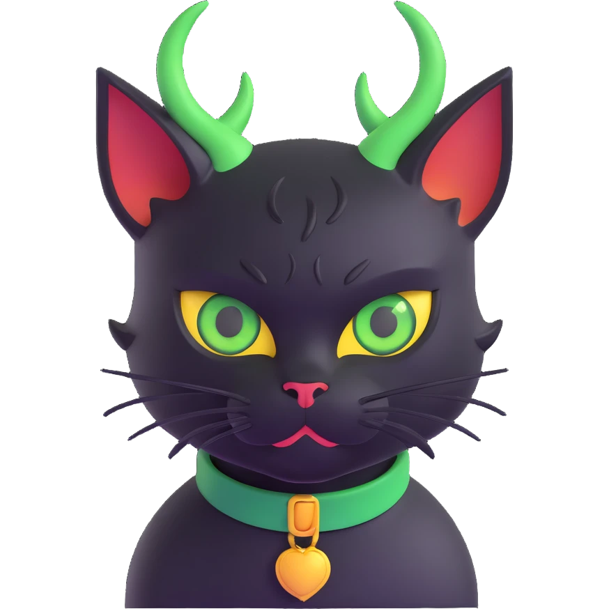 Add a yellow collar to the black cat with green eyes and demon horns, keeping the 3D style with no background as in the original image. emoji