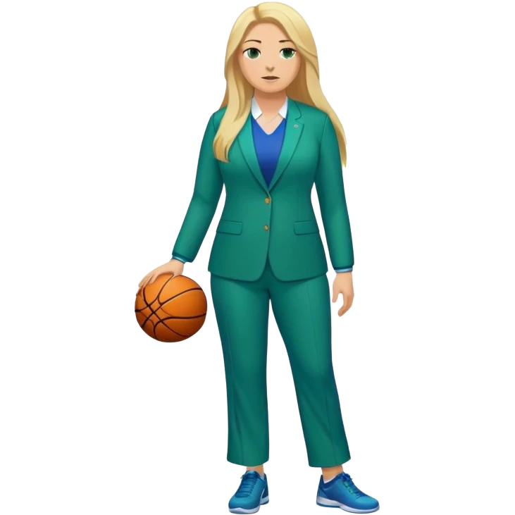 Full Body white plus size female basketball head coach with long blonde hair in a blue and green suit emoji