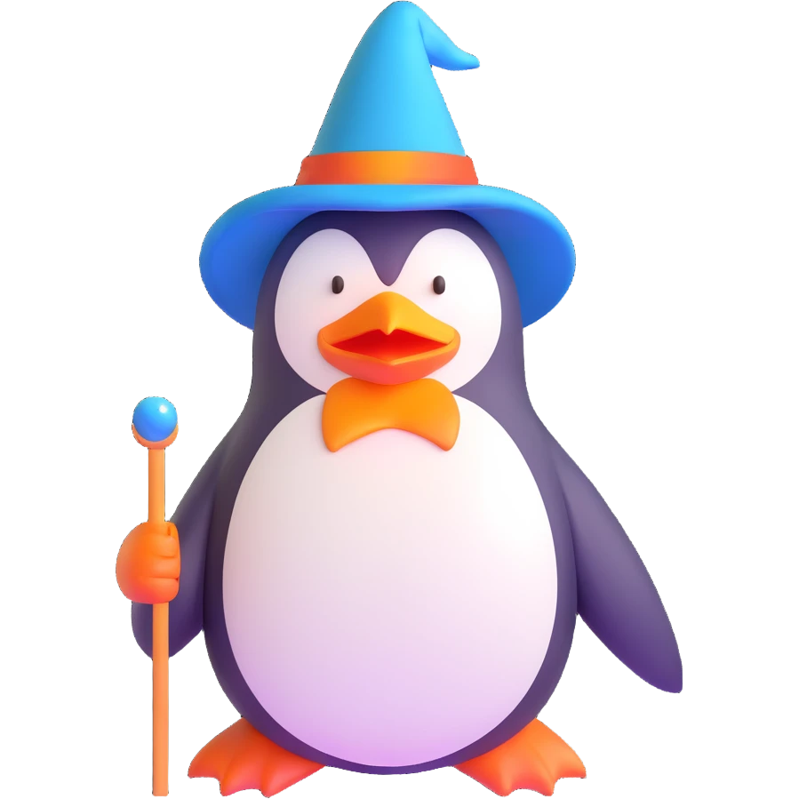 penguin wizard with a blue wizard hat and wand emoji