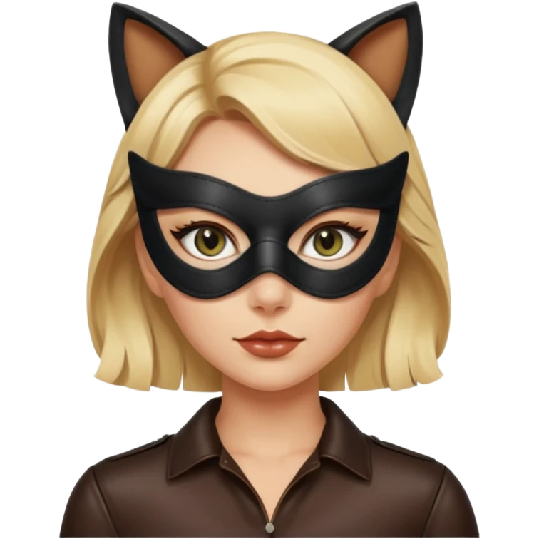 blonde woman with leather cat eye mask and leather blouseü emoji
