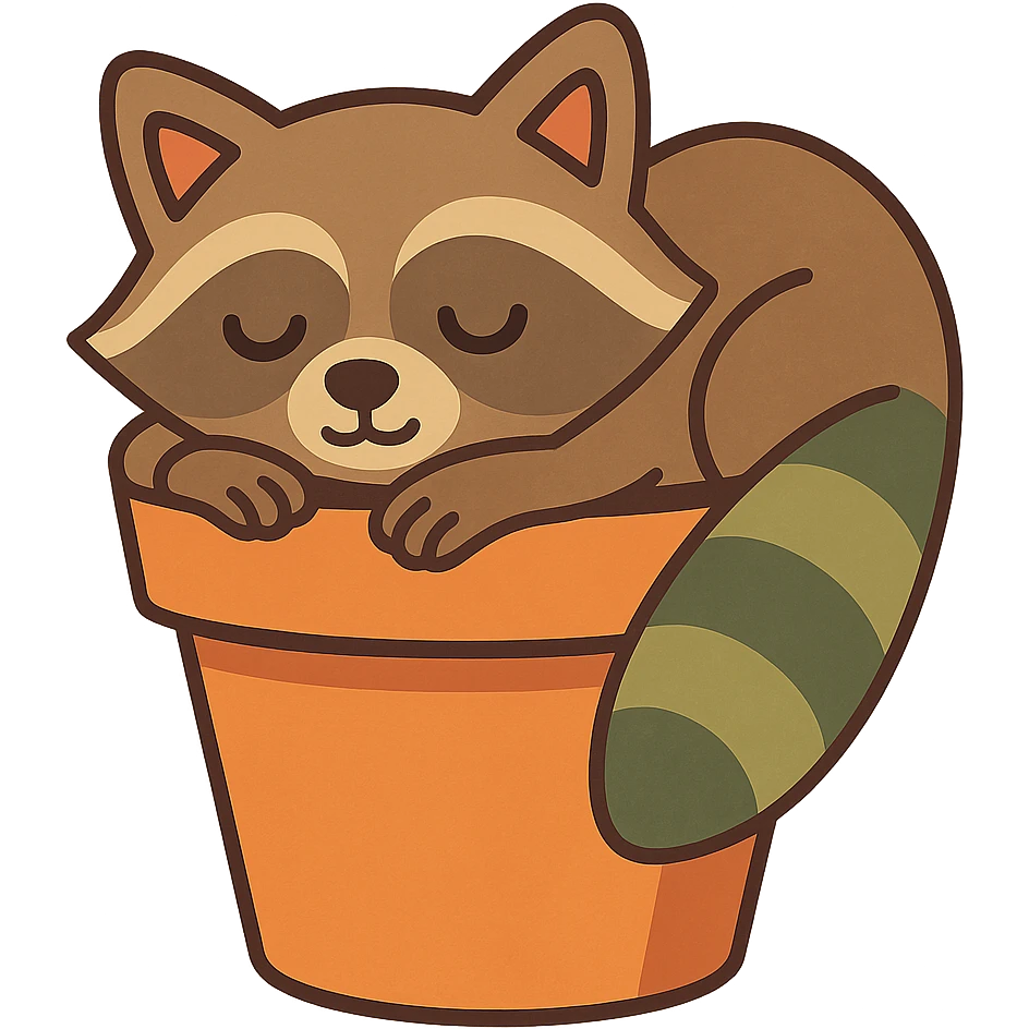 sleepy raccoon inside a flower pot, pastel earthy colors, vibrant-toon style emoji
