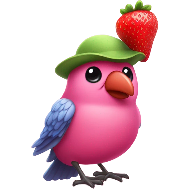 Pink bird  with a strawberry hat  emoji