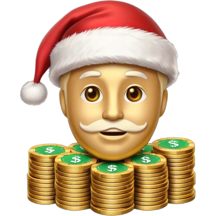 A confident rich emoji face wearing a Santa hat, money stacks, casino vibe, New Year theme, premium 3D emoji style, sharp details, no text, isolated on transparent background emoji