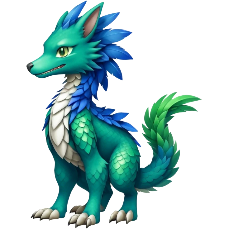 Cute cool fantasy animal hybrid Sergal-Digimon-Fakemon full body, green scales, brown eyes, blue feathers emoji