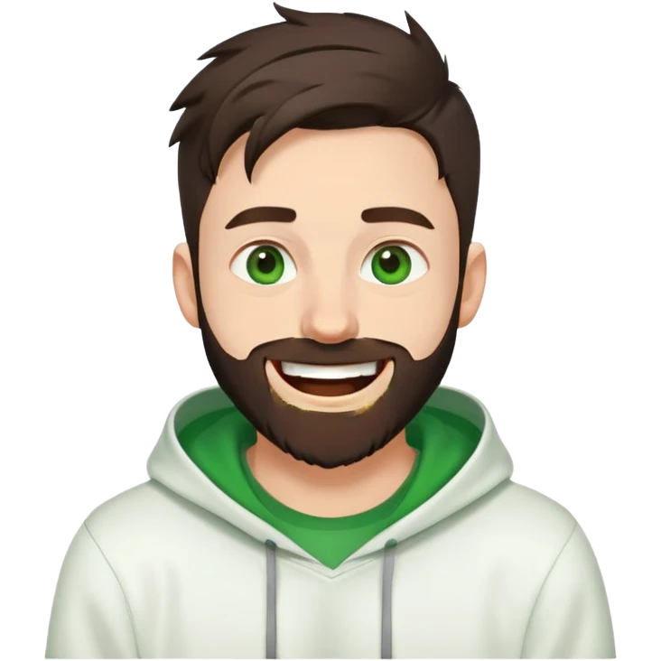 laughing guy with white hoodie, green t-shirt underneath, green eyes, dark brown undercut hairstyle and a short full beard emoji