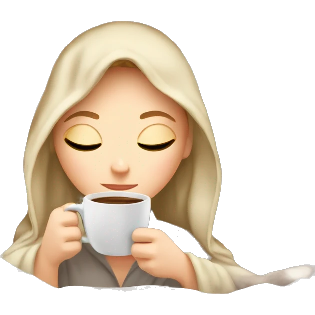 White Girl inside a blanket sipping coffee eyes closed emoji