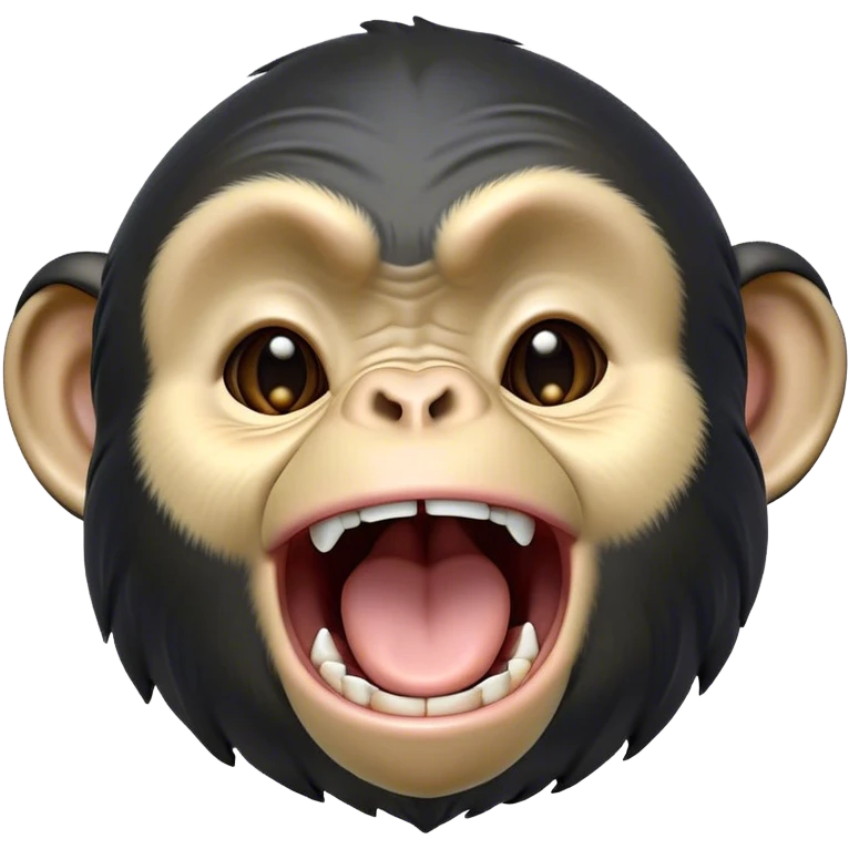 Cinematic Cute Yawning Chimpanzee Portrait Emoji, Head tilted slightly with a dramatic, wide-open yawn, showcasing a gently textured face with half-closed, drowsy eyes and an open, relaxed expression, Simplified yet irresistibly adorable features, highly detailed, glowing with a soft, cozy glow, high shine, relaxed yet expressive, stylized with a dash of whimsical primate charm, soft glowing outline, capturing the essence of a drowsy yet affectionate guardian that seems ready to stretch out for a nap! emoji