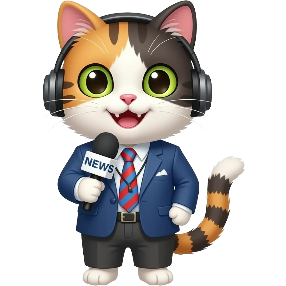 smiling extremely long-haired calico cat news reporter emoji