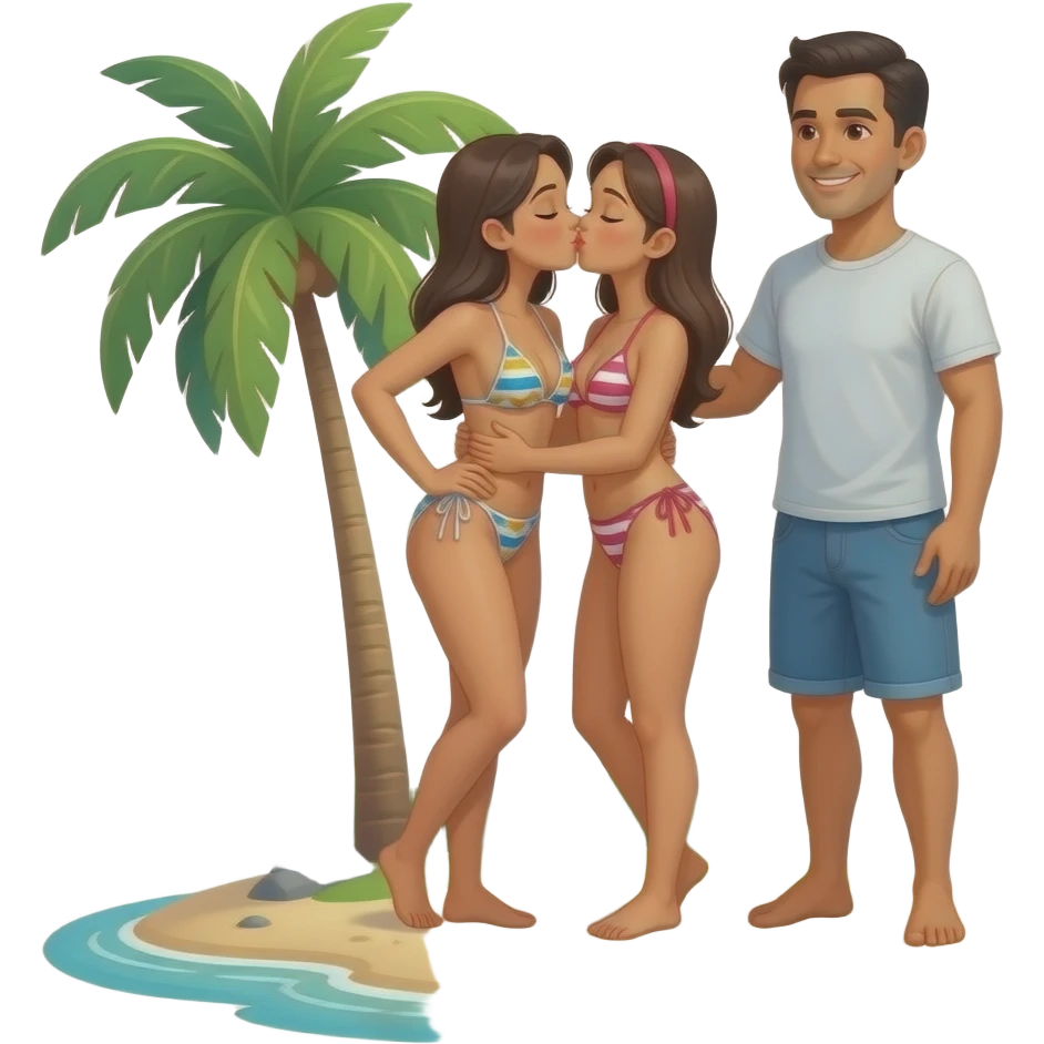 on tropical island Two lesbian colombian bikini women kissing and 1 man on a deserted island emoji