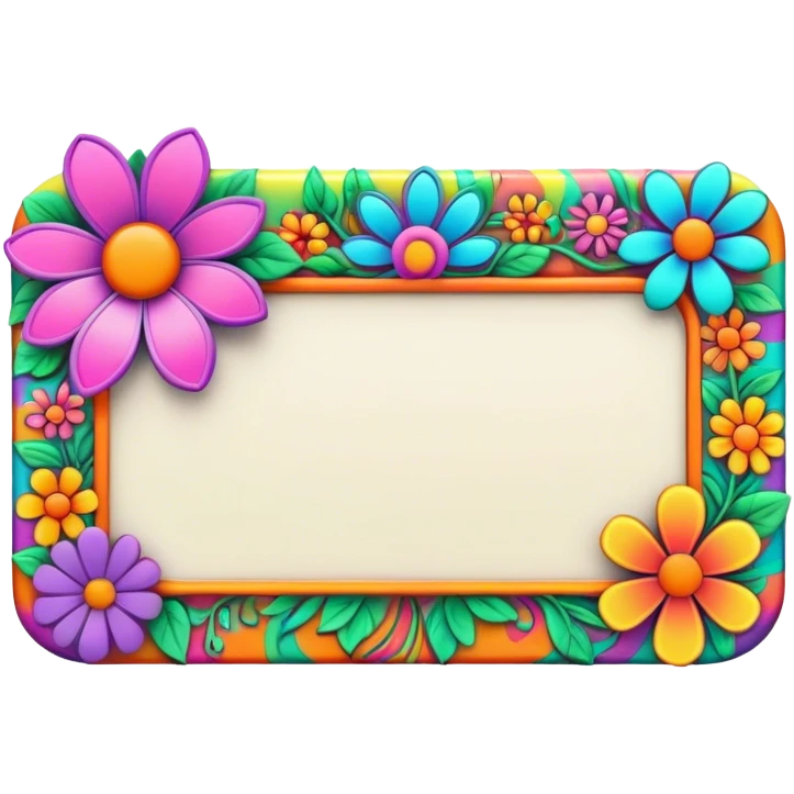 3D, psychedelic colored name tag with hippie style flower border emoji