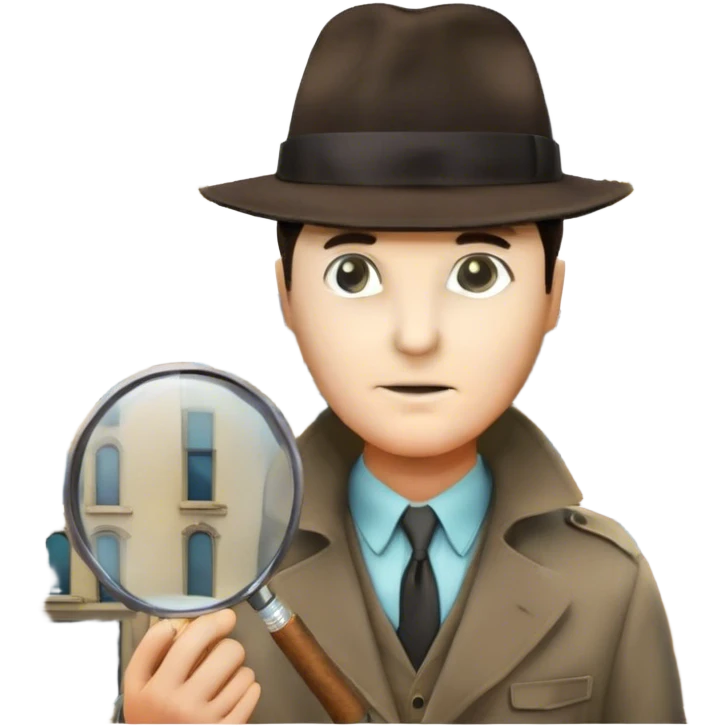 A colorful collage featuring iconic detective elements—magnifying glass, a fedora hat, a cigarette, a shadowy figure, and a mysterious city backdrop, a board with photos of suspects. Include subtle clues like fingerprints or a crime scene. Retro movie poster style. Transparent background. emoji