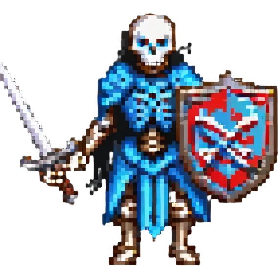 pixel art skeleton with a sword and shield, classic RPG look emoji