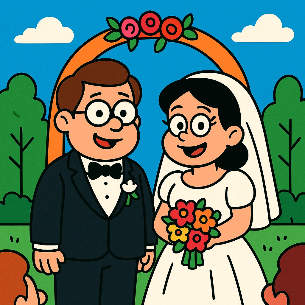 Georgie and Mandy inspired by the reference photo, in wedding outfits, cartoon style, wedding scene, vibrant toon style emoji