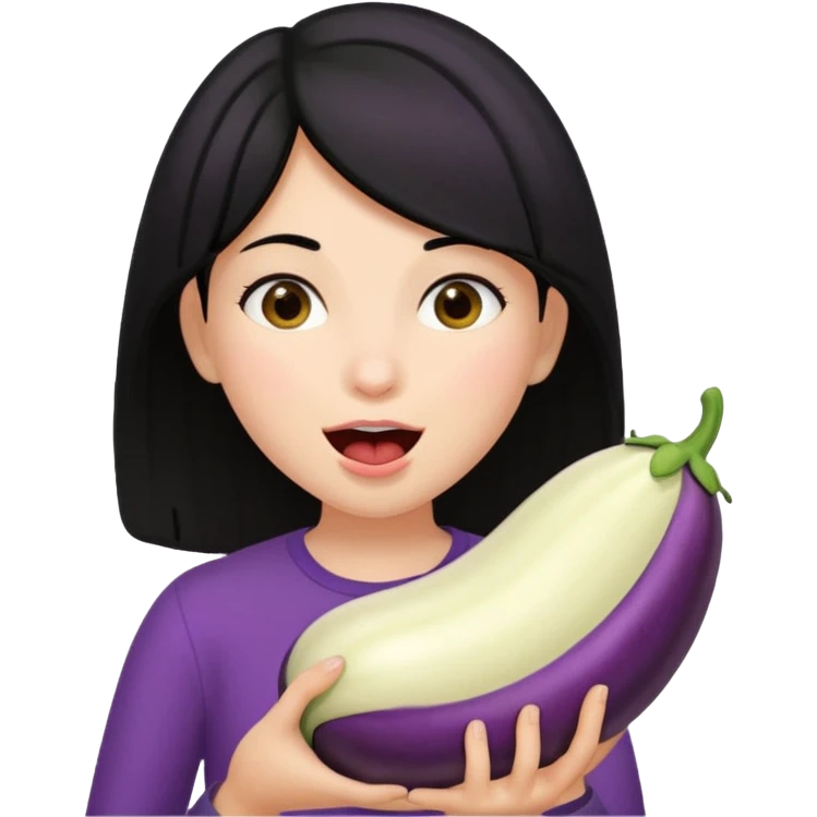 Black haired girl holding large eggplant near mouth pretending to bite it emoji