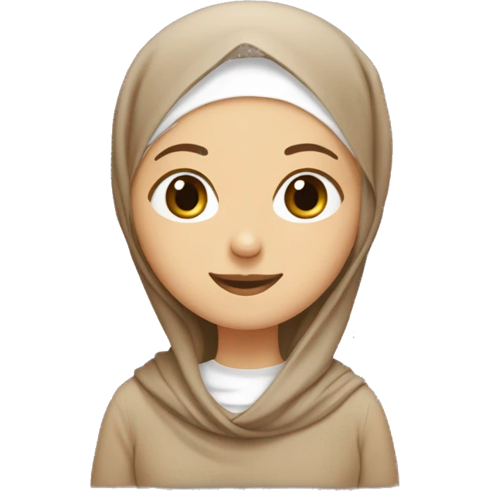 white girl wearing brown hijab with warm smile and weaing cream trip shirt emoji