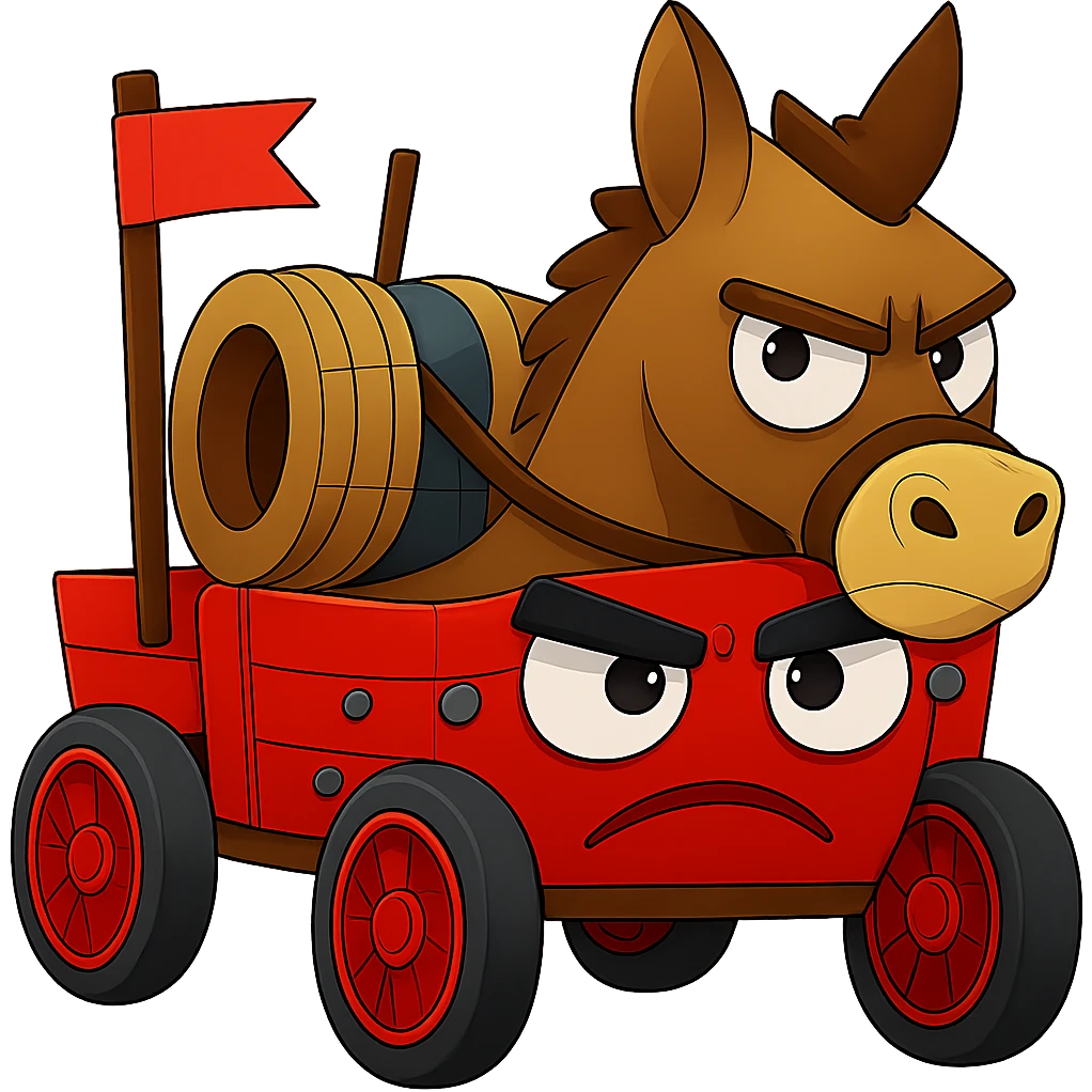 Convert the emoji image of a silly angry donkey pulling a wagon to a different file format such as JPEG or WebP while keeping the transparent background. Ensure the donkey and wagon remain clear and recognizable, and the file size stays under 1MB. emoji