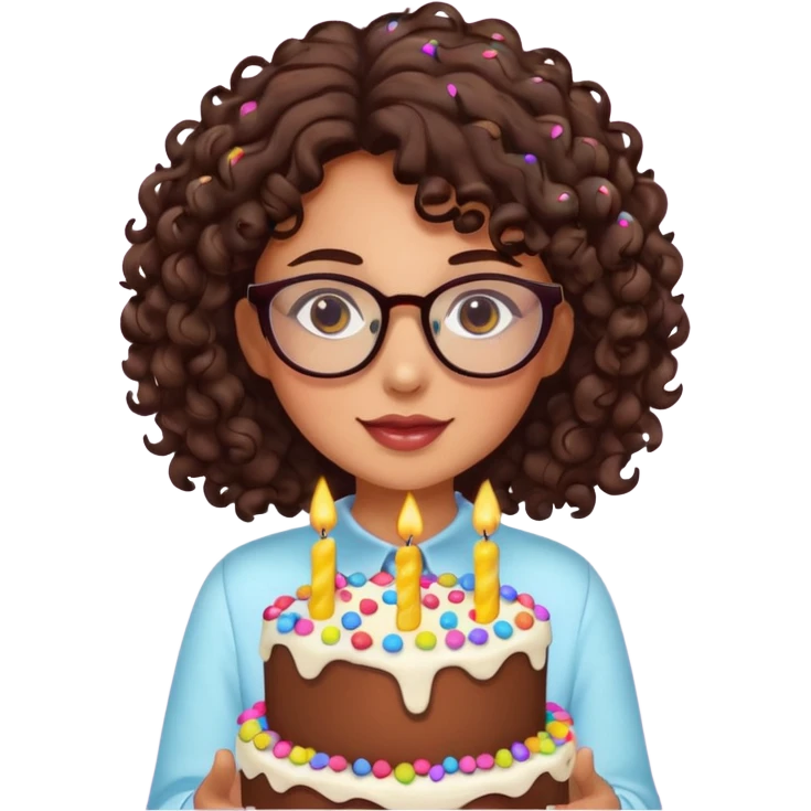Tanned girl with dark brown curly hair wearing glasses with a cute birthday cake  emoji