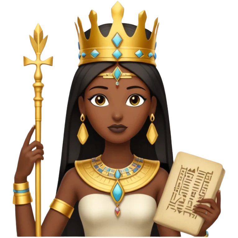 A graceful pharaoh queen wearing a tall crown, elegant posture, and holding a small sacred scroll.
 emoji