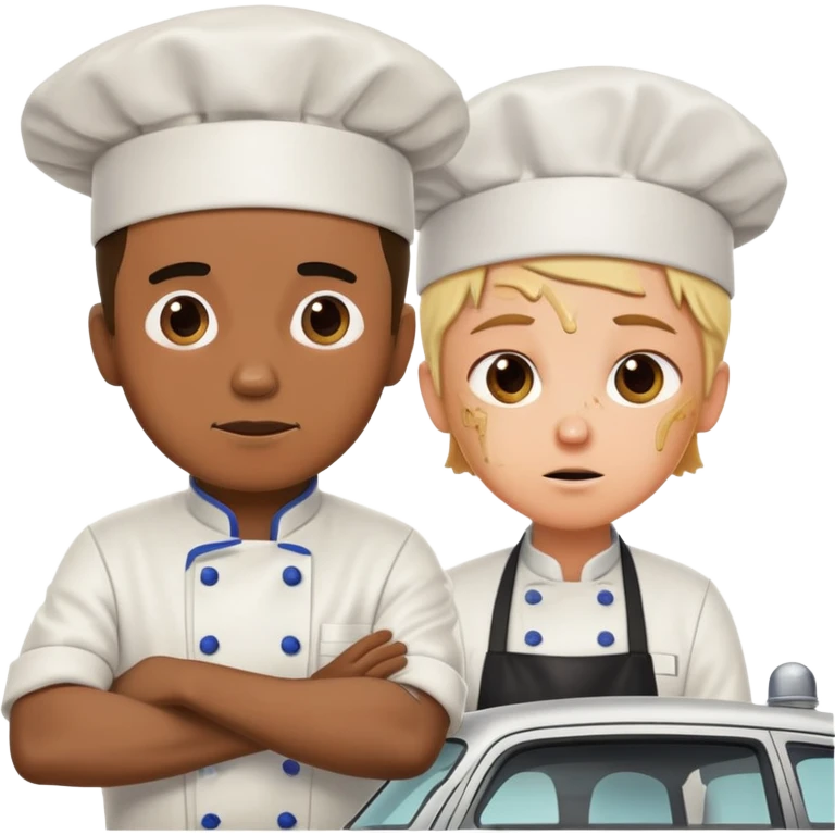 A chef trying to fix a car while a mechanic watches in disbelief emoji