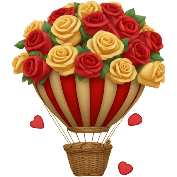 red hot air balloon and beige basket with roses emoji