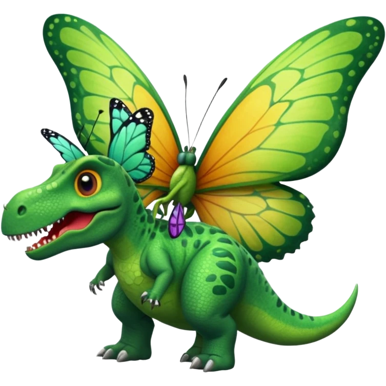 A dinosaur chewing on a huge butterfly emoji