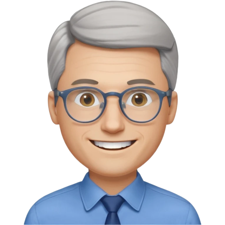 30 yr old pale white man, grey side swept hair, round glasses, big smile, white teeth, handsome, longer hair, thin glasses, blue dress shirt, no tie emoji