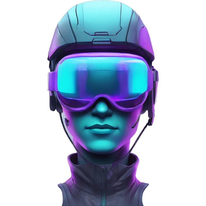 Secret human agent in a futuristic hat with in Apple VR goggles headset code display on the goggles , cyberpunk, cyan and purple colors, only upper body portrait, front facing the camera  emoji