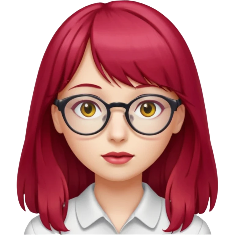 Menina com cabelos longos vermelho Cherry, liso com franja,olho direito ROSA e olho esquerdo amarelo,pele clara e com oculos  emoji