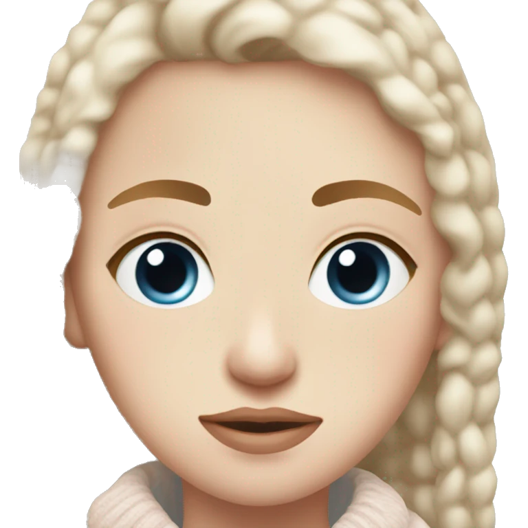 A Blue eyed girl with light pink lips and freckles who is wearing a Pullover wich is white East Porridge emoji