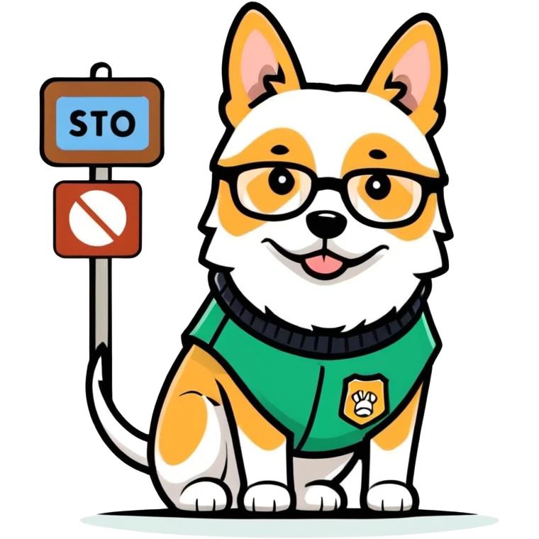 A dog wearing a sweater vest and glasses hiding a sign that says all of them emoji