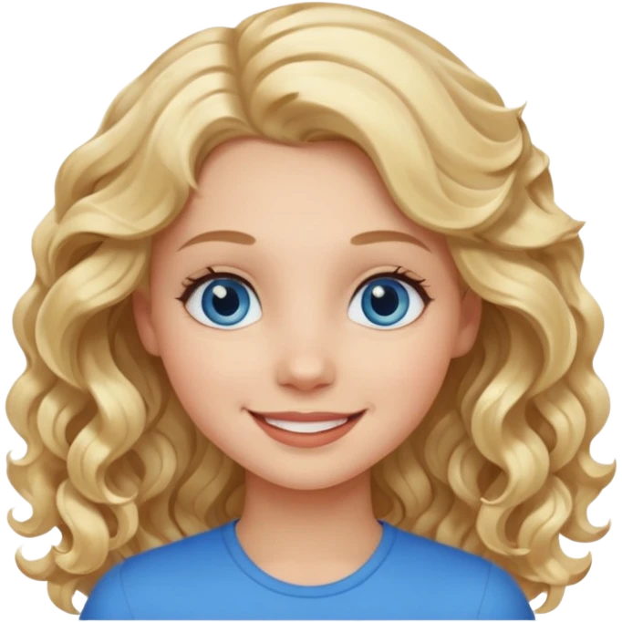 Please generate an image of a girl. She has blue eyes, blond, wavy hair, and is smiling. emoji