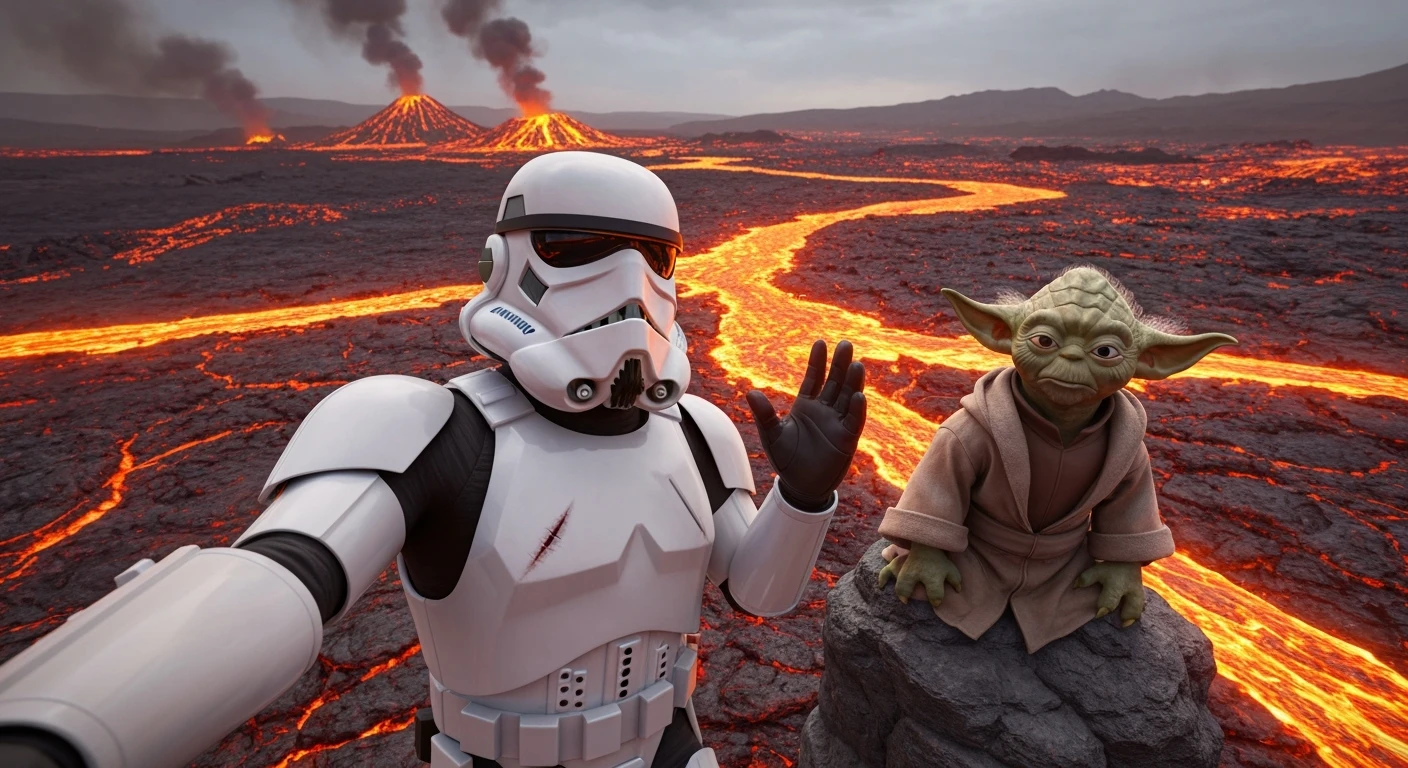 selfie camera, Starwars stormtroopers vlogging , he is walking on lava planet with yoda emoji