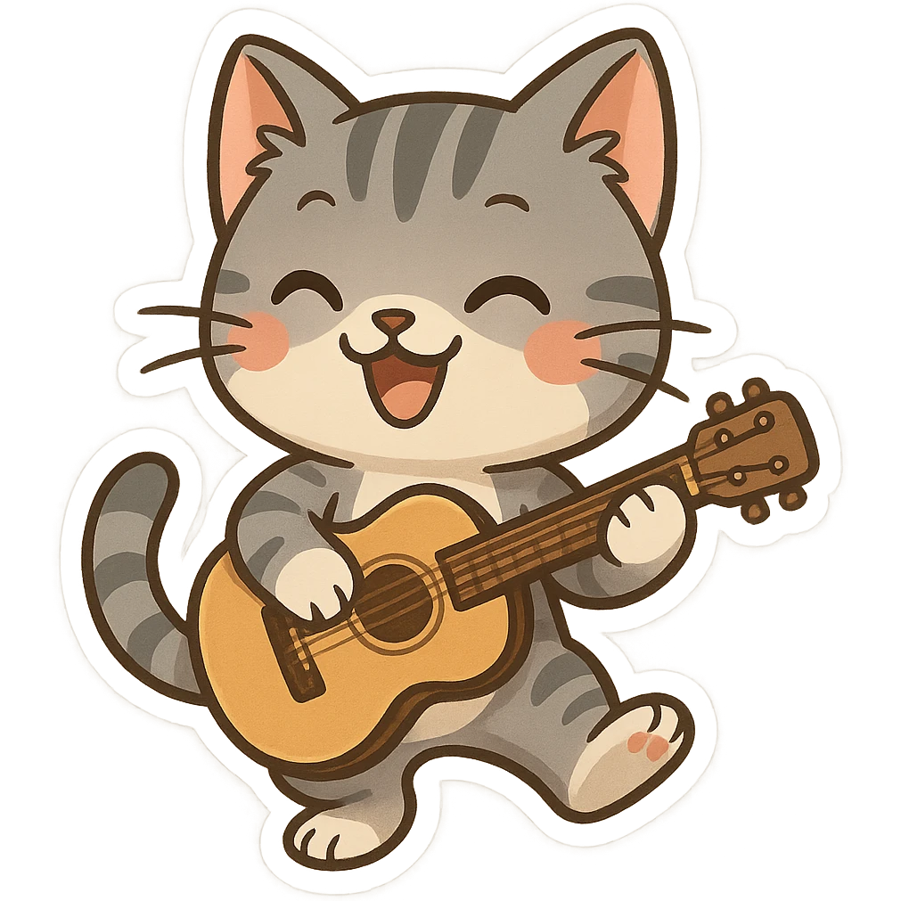 grey tabby cat playing the guitar, fun lively style emoji