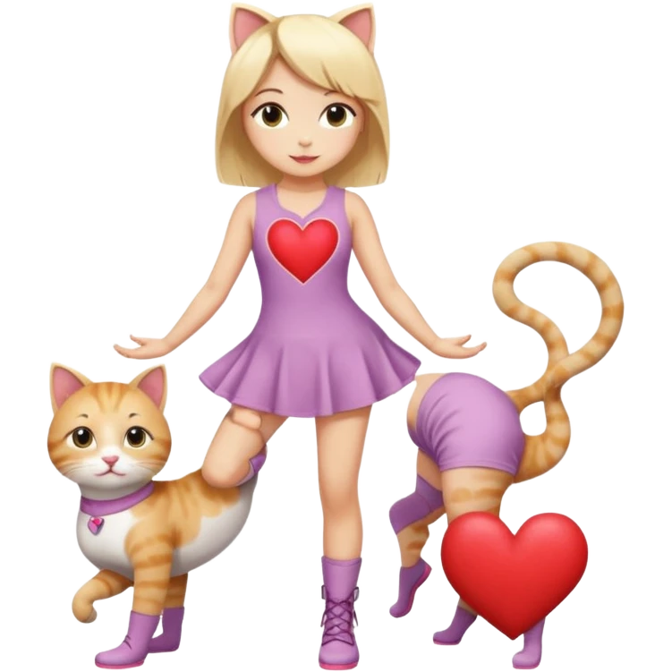 girl in a short dress with gogo boots, blond hair, cut-out heart in the dress, yoga cat pose emoji