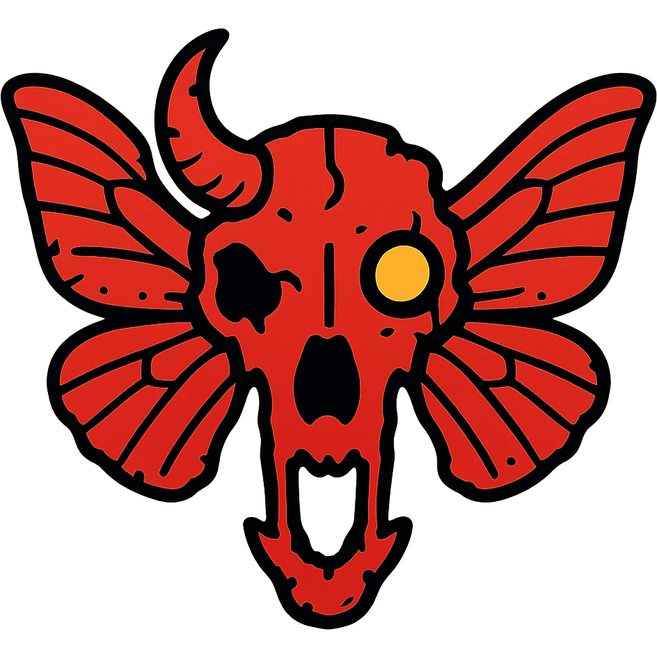highly detailed red horror icon of distorted minotaur-stoat skull with broken horn and glowing eye, with moth wings, featuring very hollow transparent middle section with most details around the perimeter, weathered edges with missing sections, detailed bone textures around outer parts only, 100% red with distorted features emoji
