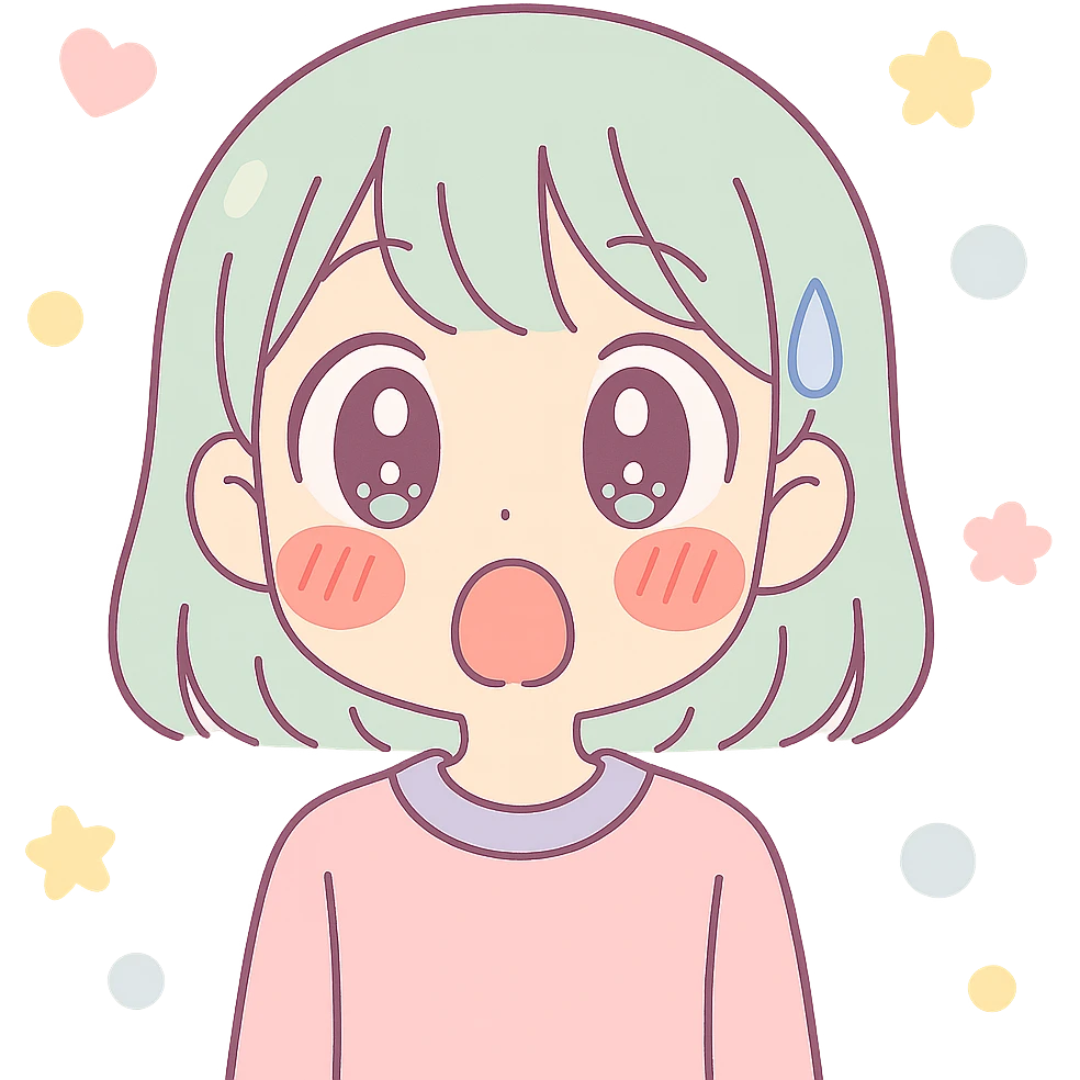 anime style character with wide eyes, red cheeks, mouth open in shock, embarrassed, classic anime sweat drop emoji