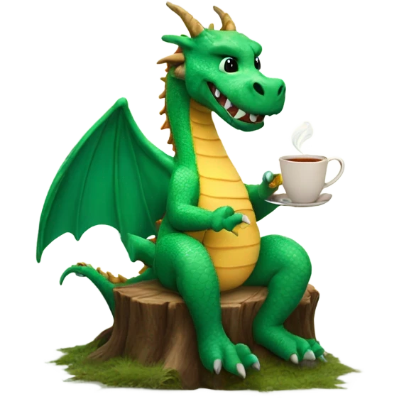 smiling dragon sitting on a stump enjoying a cup of tea and a biscuit emoji