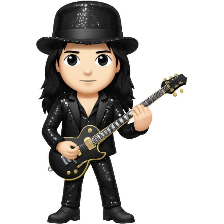 Slash from Gun n Roses with long jet black hair, black sequin outfit emoji