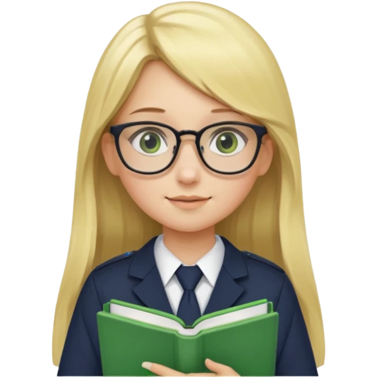 Girl student wearing uniform, glasses, hold green book in front of their chest, blonde long straight hair, white skin emoji