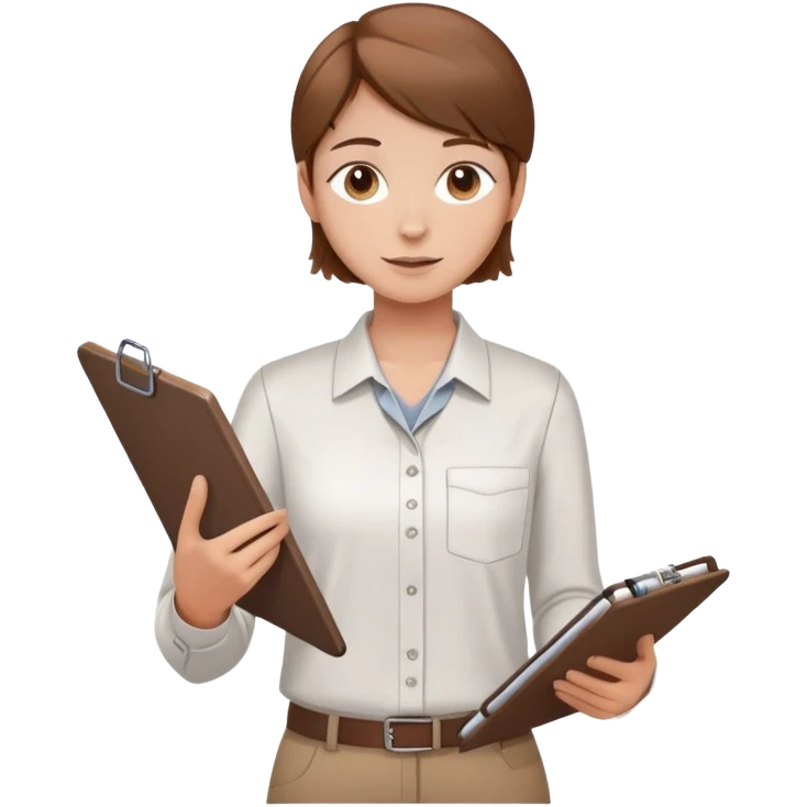 Intern or volunteer with brown hair holding a clipboard and pencil, ready to take notes or assist. The character wears a simple shirt and has an eager posture emoji