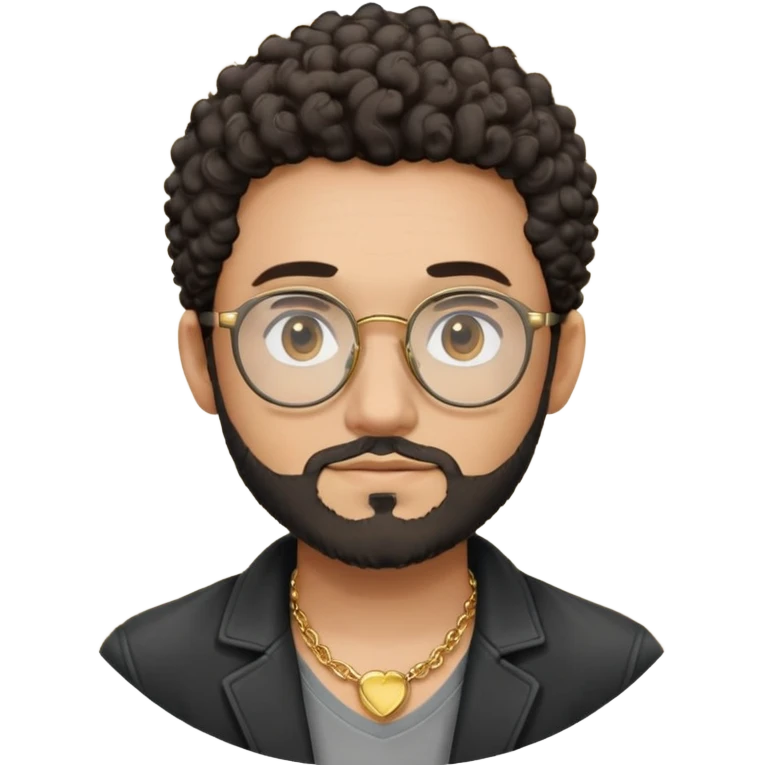 Hombre, cara redonda, gafas redondas oscuras, barba corta, pelo corto rizado. Sonrisa leve, expresión tranquila. Camiseta gris, jacket negro abierto, collar dorado emoji