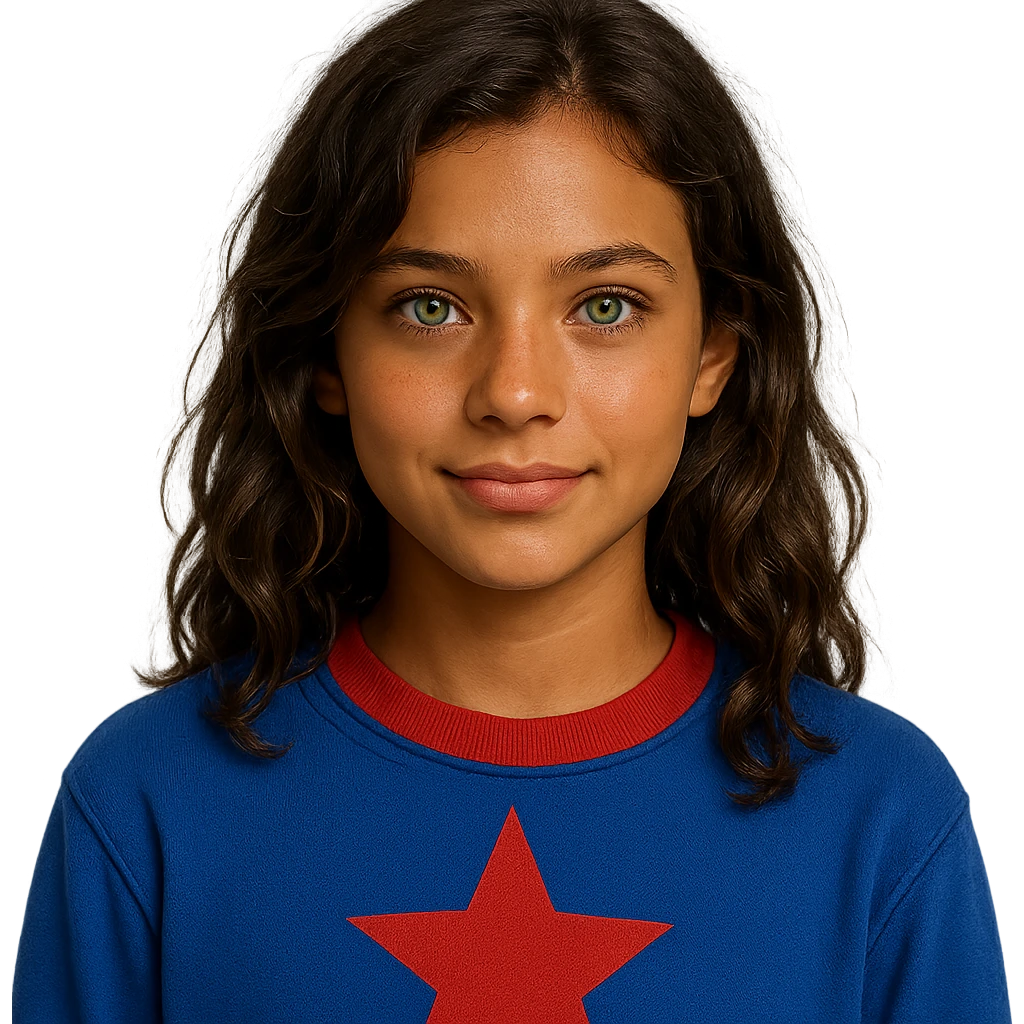 a girl with bright green eyes, slightly tanned skin, wavy brown hair, wearing a blue sweatshirt with a red star and collar, portrait emoji