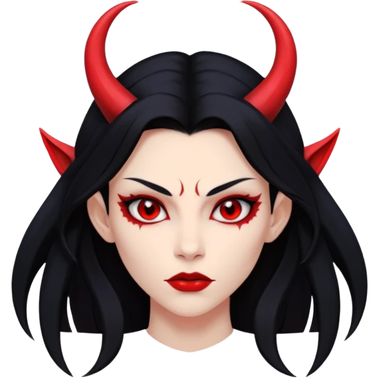 Head demon girl, strong pronounced cheekbones, sharp angular jawline, skin fully pure red everywhere, long straight sleek black hair, small horns emoji